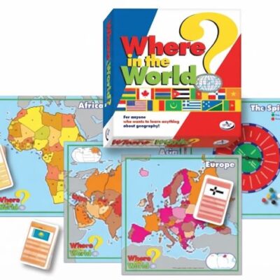Complete components layout of the world the game featuring regional continent maps, game boxes, cards, and spinners
