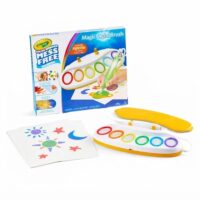 Crayola Color Wonder Mess Free Color Wonder Magic Light Brush set showcasing its packaging box, light-up brush unit, color palette, and blank coloring pages with colorful drawings