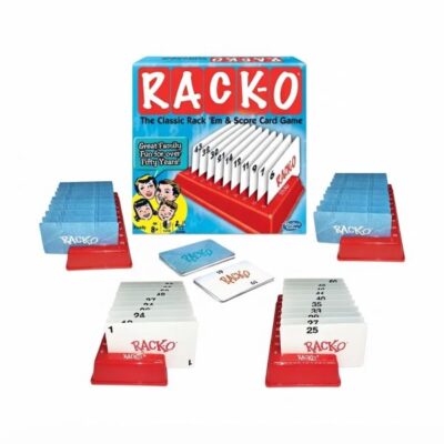 Complete Rack-O game setup showing the box, red card racks filled with numbered cards, and blue card decks