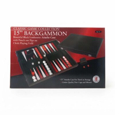 Classic Game Collection 15-inch Backgammon set box featuring a black leatherette attaché case, red and white playing pieces, and dice