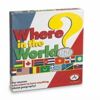 Front packaging box view of the world the game board game showcasing its title and national flags design