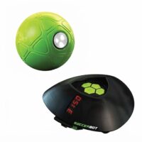 Smart Ball soccer bot featuring a bright green electronic soccer ball with sensors and a black tracking base station with an LED score display