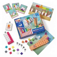 Complete set layout of numberblocks 11 20 including cubes, character cards, and activity mats