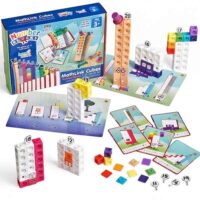 Display of built characters, numbers, and cards from the numberblocks 11 20 mathlink cubes set