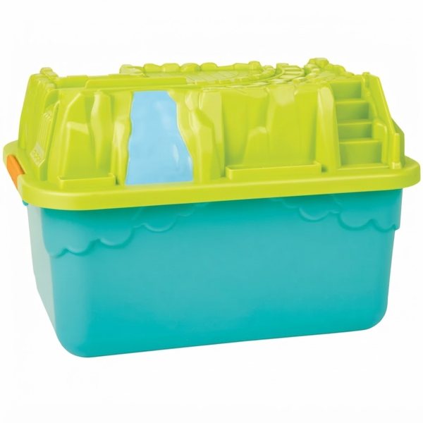 Storage container with a molded landscape lid designed for the hape train set