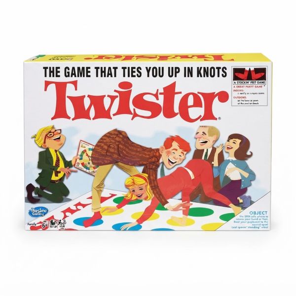 Classic twister mat game box back view displaying rules, instructions, and illustrations for players