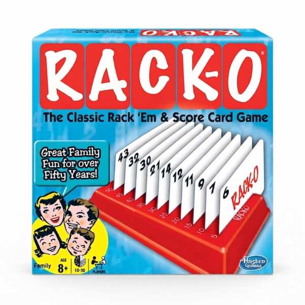 Rack-O classic card game box featuring the red logo and a red card rack filled with numbered white cards