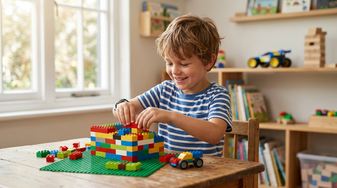A young boy building with colorful construction toy bricks, one of the best toys for 7 year old boys for building fine motor and problem-solving skills.