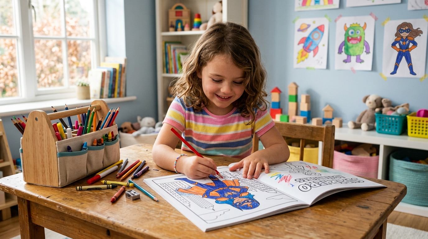 Child coloring a superhero-style coloring page at a table with crayons and colored pencils