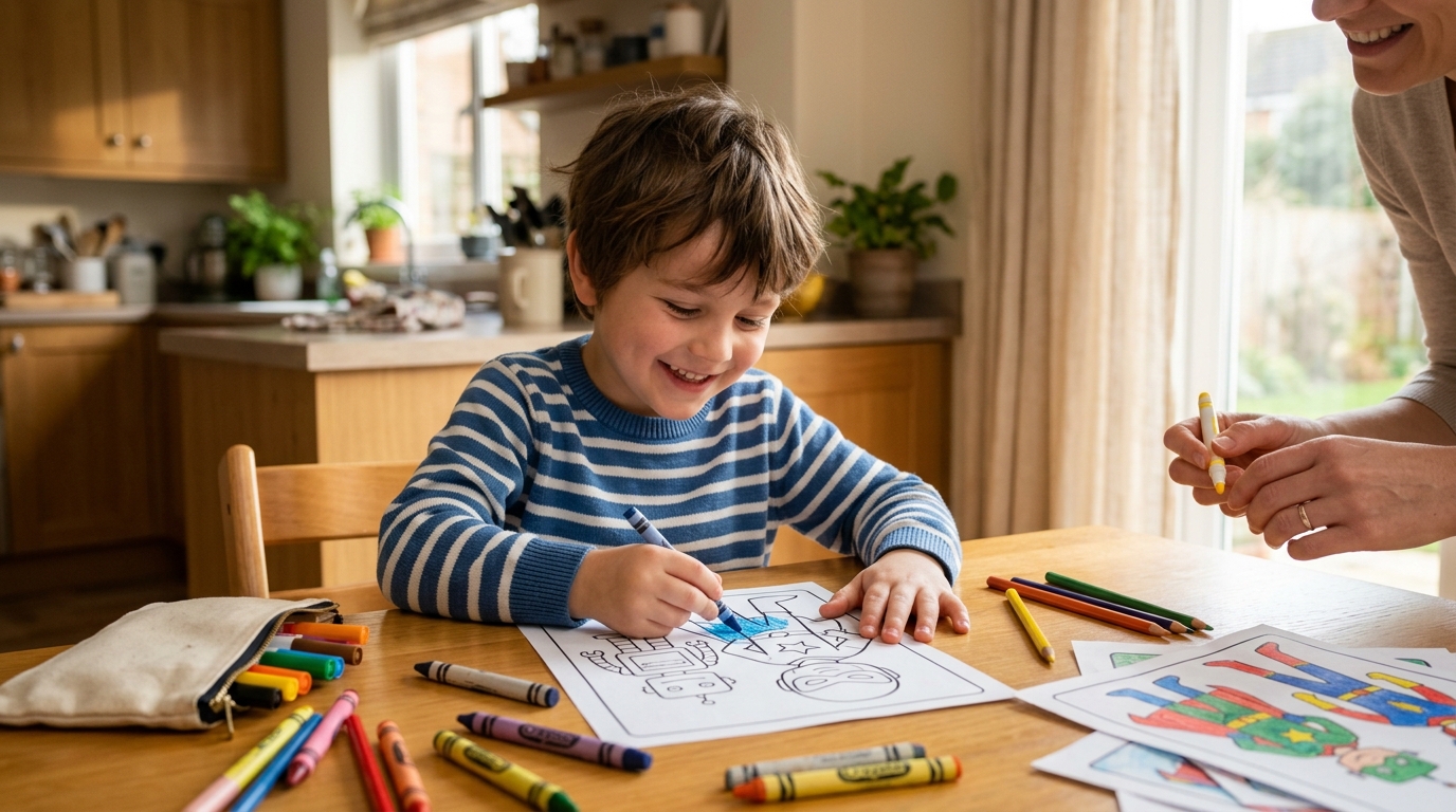 Child coloring a superhero coloring page with crayons and markers at a kitchen table, similar to power ranger coloring pages