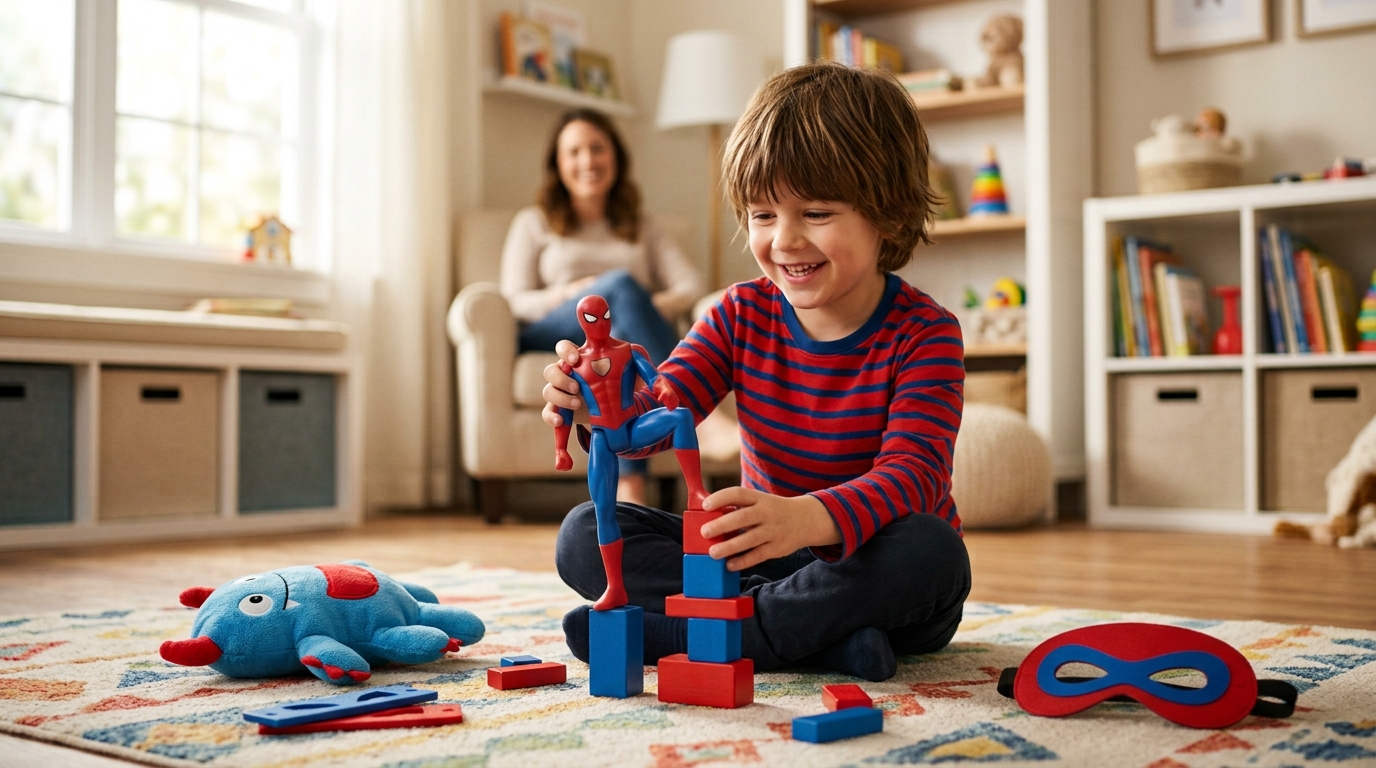 Child holding a spider man toy action figure in a bright playroom with plush and building toys