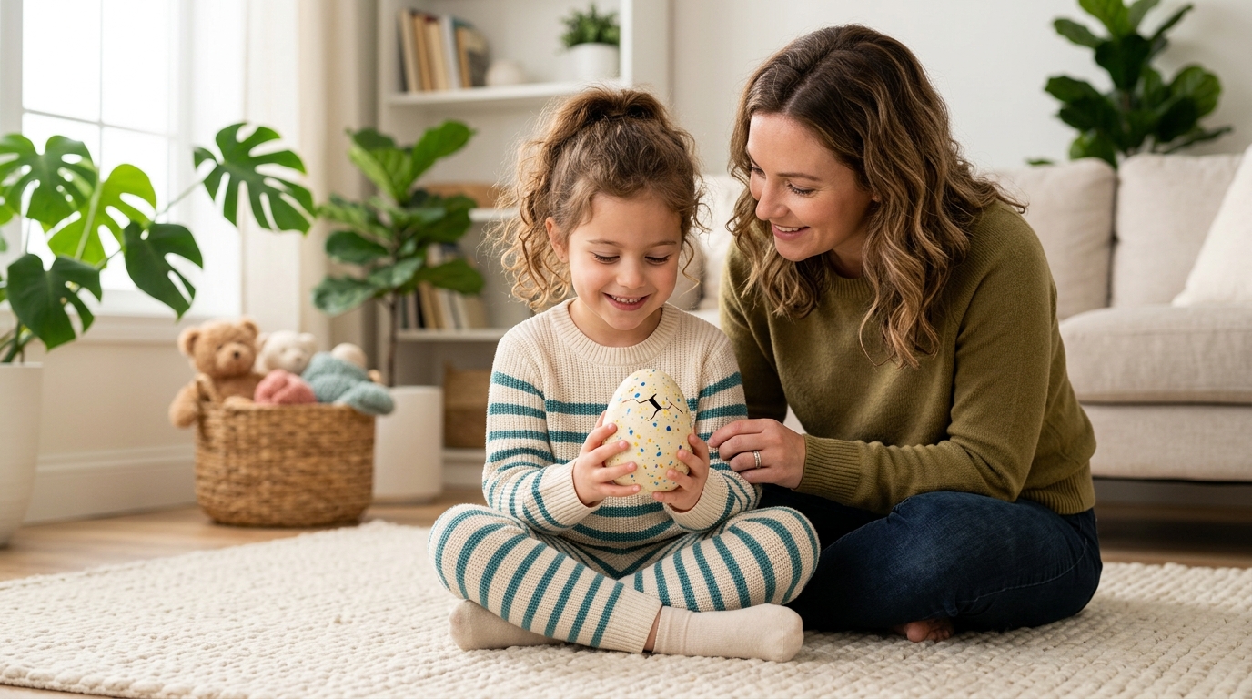 Child and parent on a living room rug holding a speckled toy egg, waiting for hatchimal hatching to begin