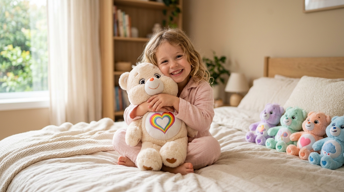 Smiling child hugging a soft rainbow-belly bear plush, a care bear soft toy style, on a cozy bed