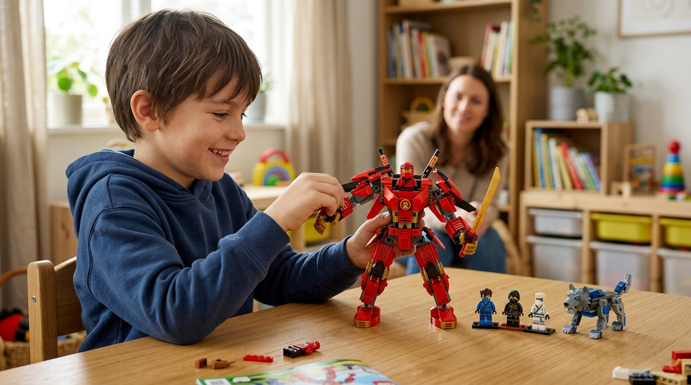 Child posing the red 71808 LEGO Ninjago Kai's Elemental Fire Mech with minifigures on a playroom table
