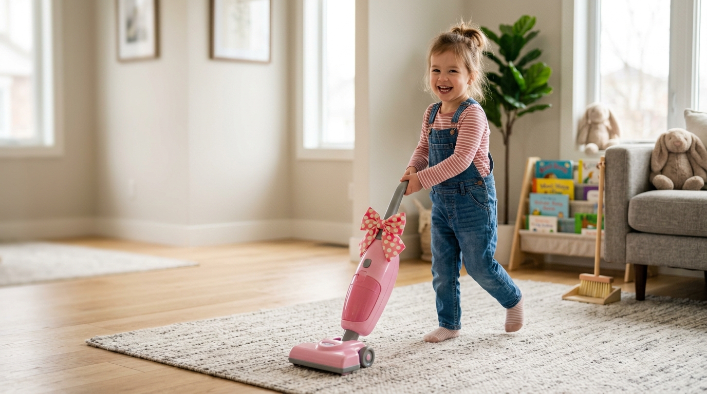 Smiling preschooler pushing a pink Minnie-style toy vacuum with a bow across a living room rug