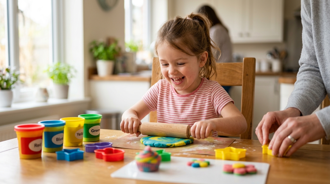 Child rolling colorful dough with cutters and molds at a kitchen table, showing playdoh sets in use