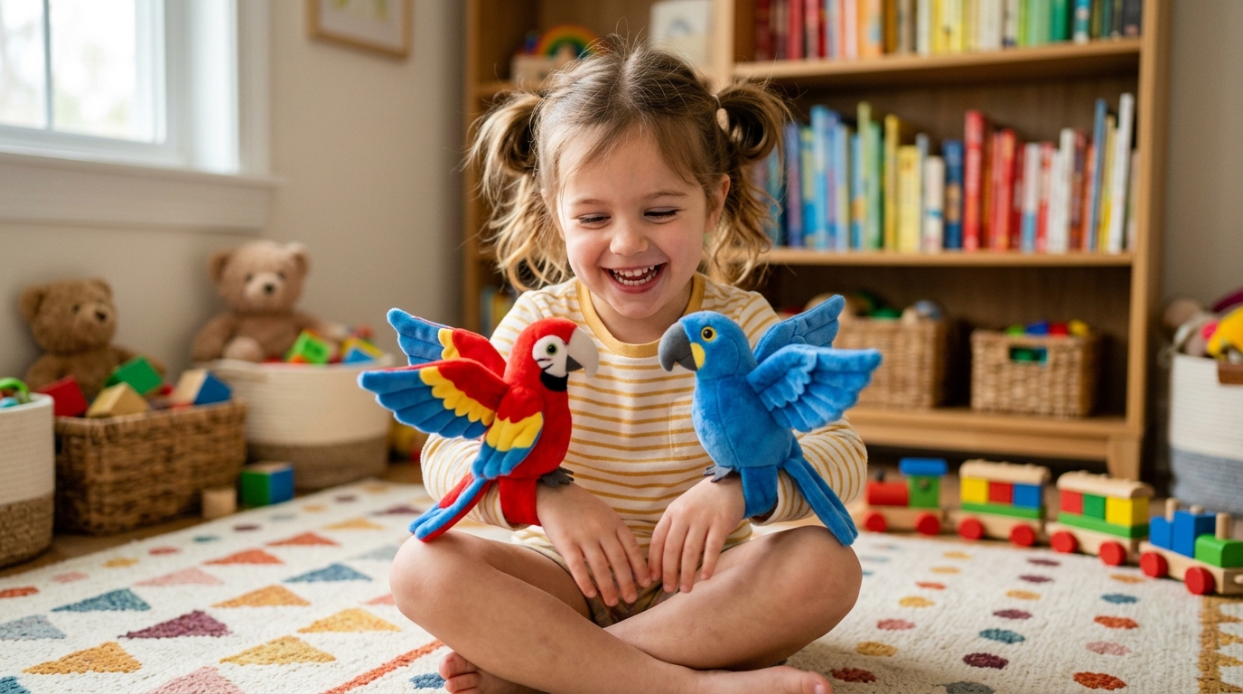 Smiling child in a bright playroom wearing two colorful yappers plush bird slap bracelets on their wrists