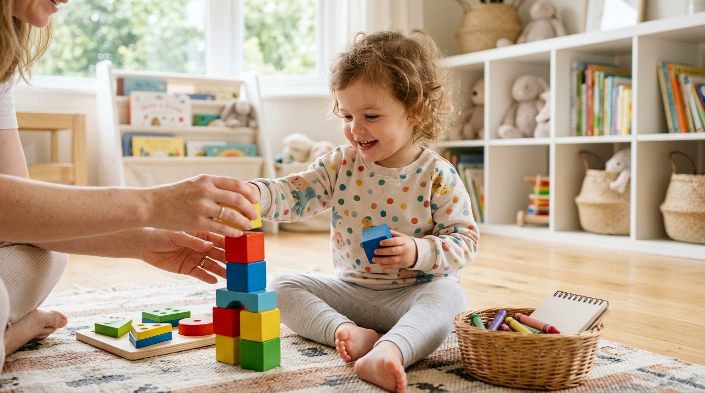 Smiling three-year-old stacking colorful blocks next to a wooden puzzle, showing educational toys for 3 year olds