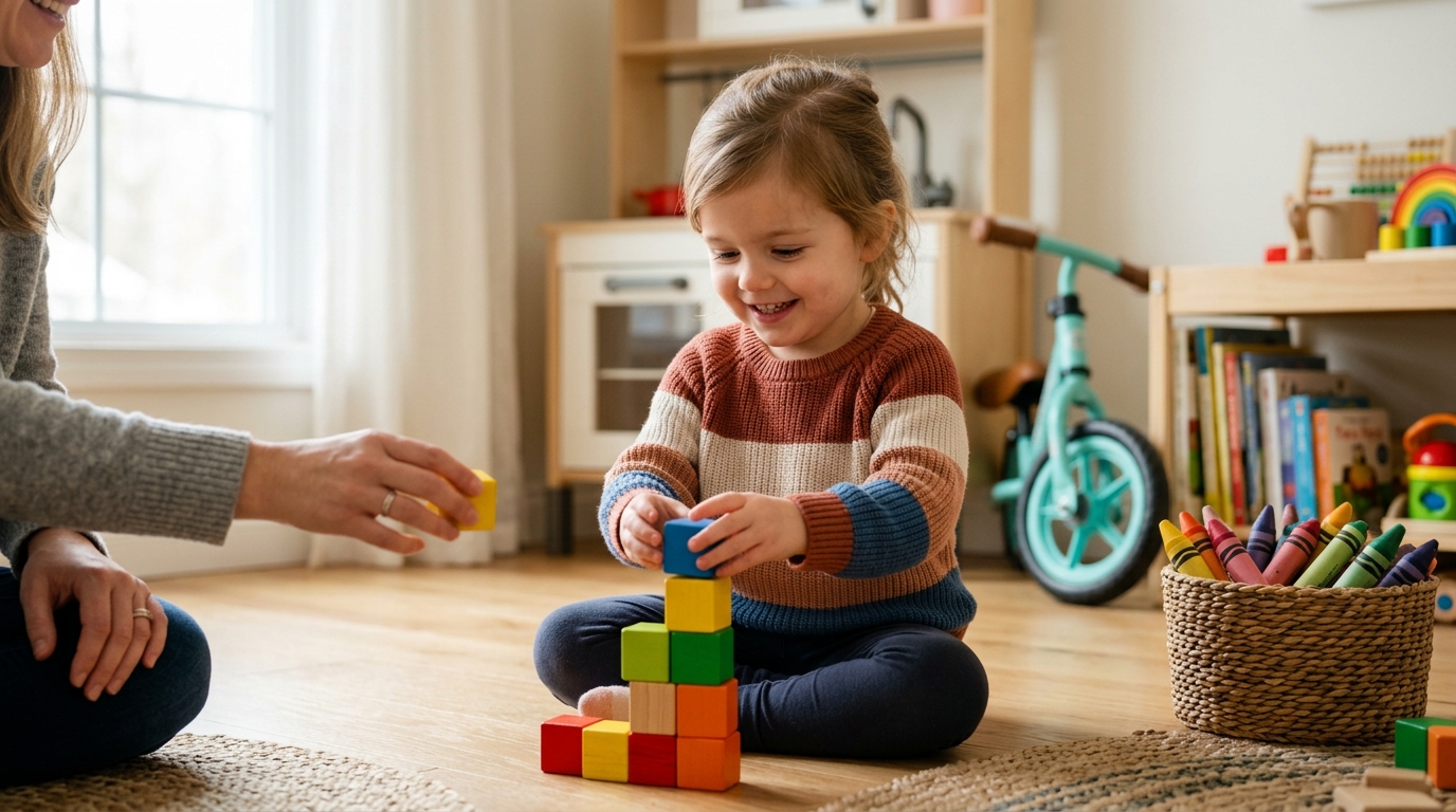 Smiling three-year-old stacking colorful wooden blocks in a bright playroom, an example of toys for 3 year old kids