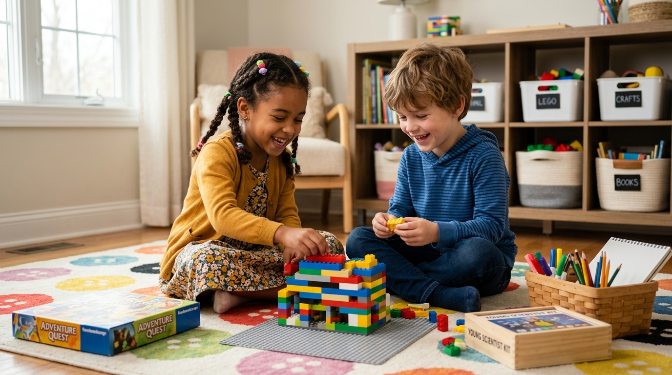 Two six-year-old children building with colorful bricks on a playroom rug, surrounded by games and craft supplies, showing toys for 6 year olds