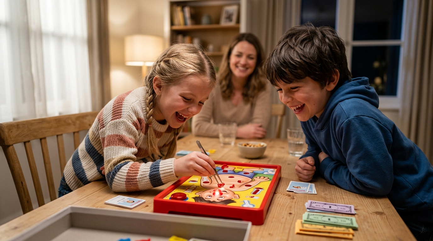 Two children laughing as one uses tweezers to play a classic operation game with a cartoon patient at a family table