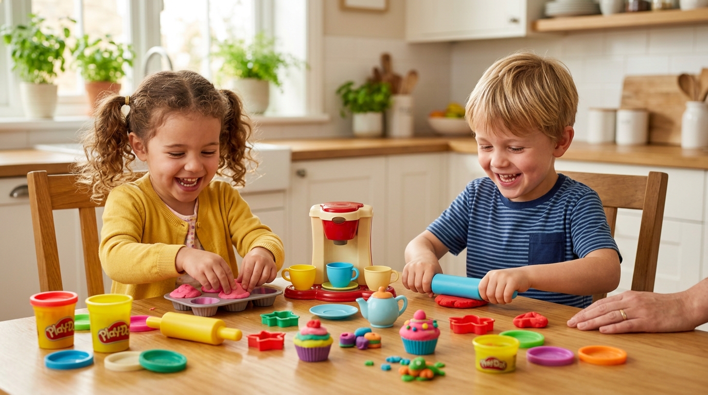 Two children playing with colorful play doh play sets at a kitchen table, with cans of dough, molds, and tools