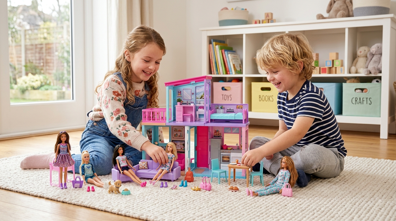 Two children playing with colorful barbie sets, including dolls, furniture, and accessories, on a playroom rug