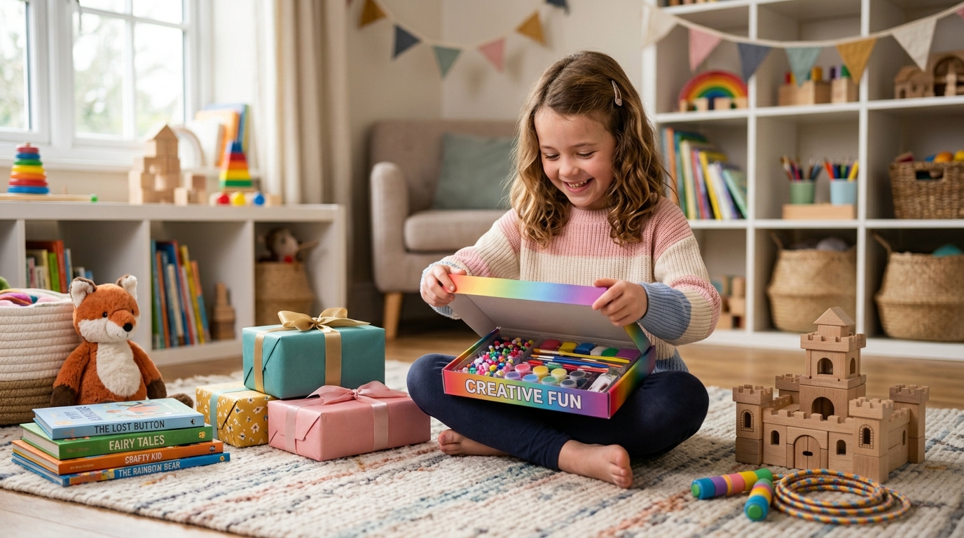 Smiling seven-year-old girl opening a craft kit surrounded by wrapped presents, books, and toys, showing gifts for 7 year old girls