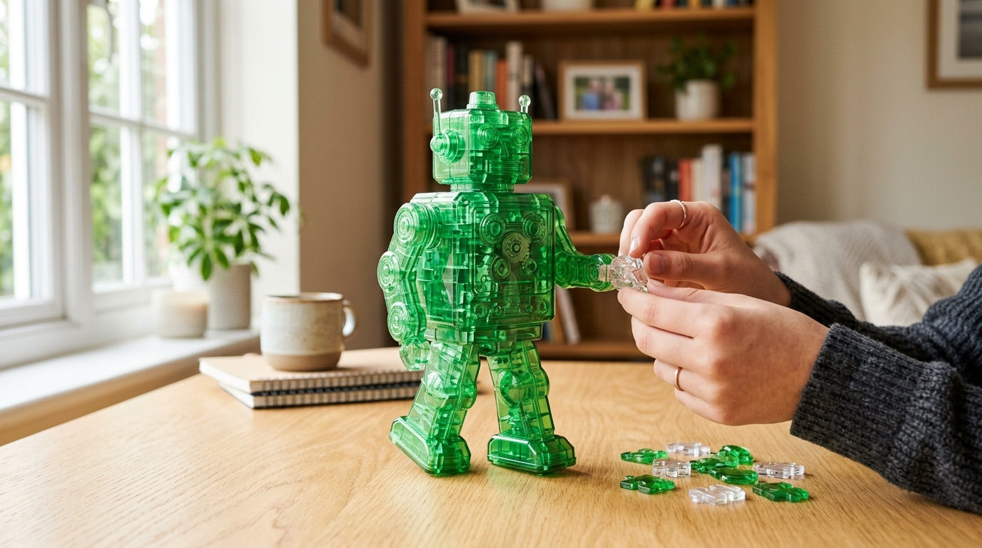 Finished translucent green tin robot 3D crystal puzzle on a wooden desk while a teen adds a puzzle piece