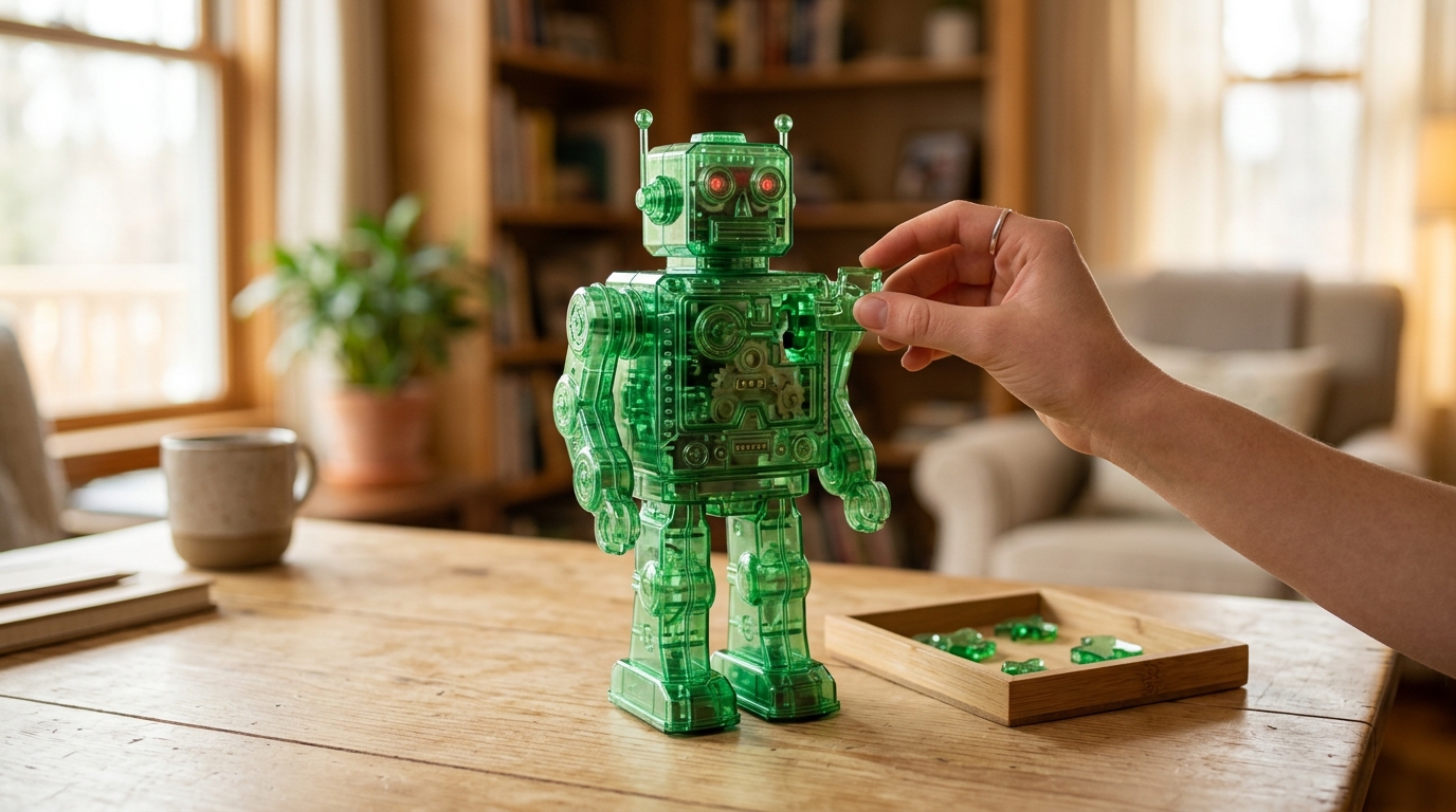Completed green translucent tin robot 3D crystal puzzle on a wooden desk with a few loose puzzle pieces beside it