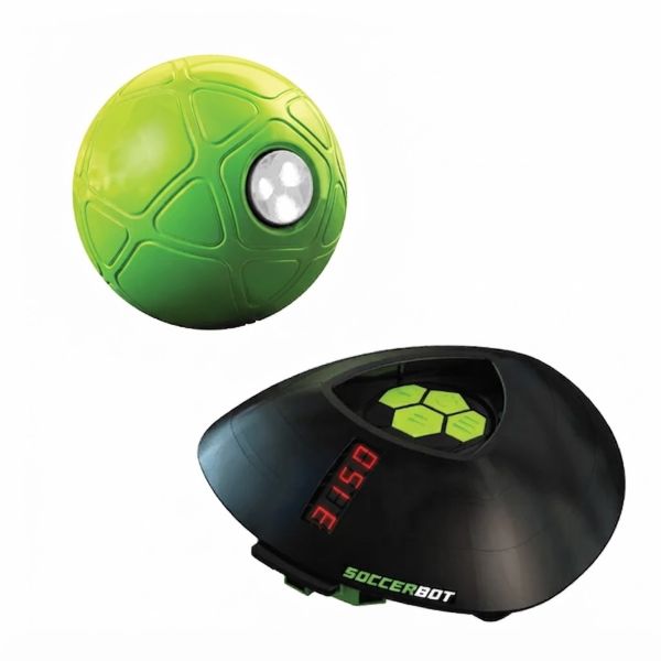Smart Ball soccer bot featuring a bright green electronic soccer ball with sensors and a black tracking base station with an LED score display