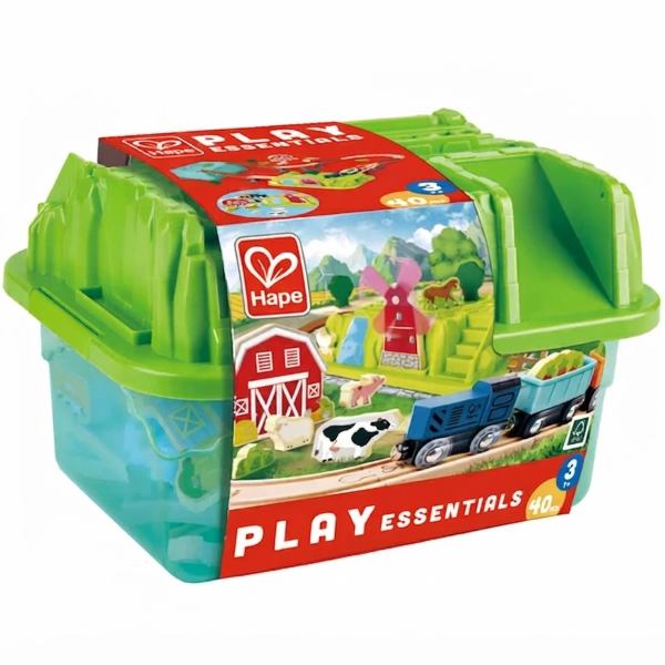 Fully packaged hape train set inside its green storage box with a promotional product sleeve