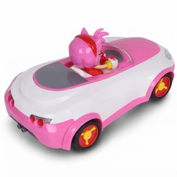 Full rear three-quarter perspective of the NKOK Team Sonic Racing RC Amy Rose vehicle