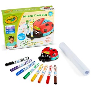 Flat lay display of all doodlebug toy components: ladybug unit, 8 markers, paper roll, and the product box