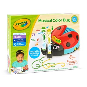 An eye-level shot of the complete doodlebug toy set, including the ladybug unit, markers, and the full product box featuring a child