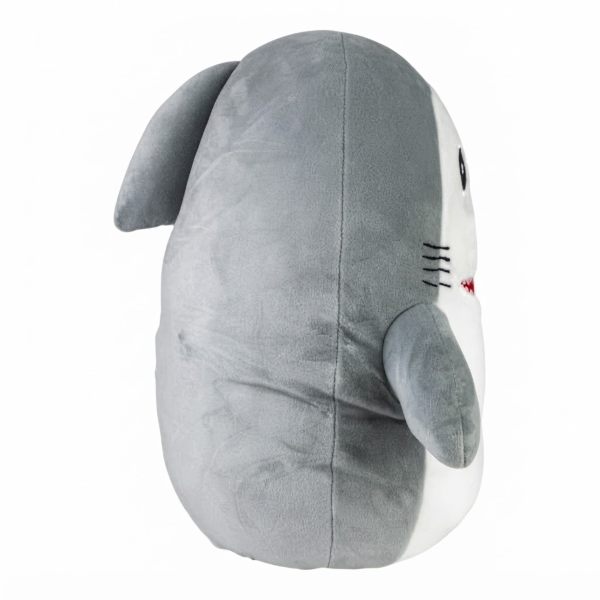 Side angle view of the Kobioto Shark Supersoft Plush showing its gray fin and body texture
